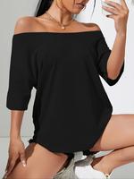 Women's Plain Off Shoulder Boat Neck Tee, Casual Solid Half Sleeve T-Shirt, Ladies Clothes for Daily Wear