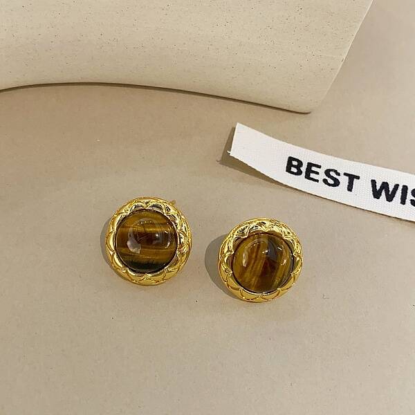 Brass Tiger Eye Stud Earrings
