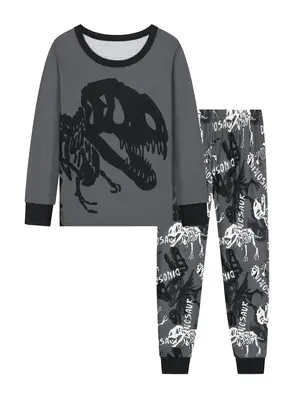 Boy's Dinosaur Skull Print Tee & Pants Pyjama, Casual Comfy Two-piece Pj Set, Boys Sleepwear for Spring & Fall, Pajama Lounge...