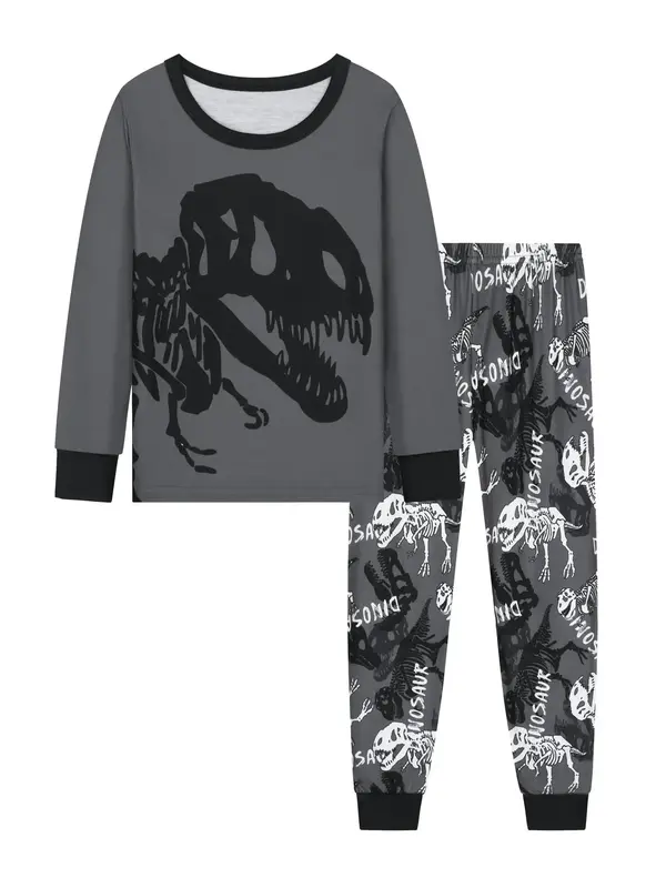 Boy's Dinosaur Skull Print Tee & Pants Pyjama, Casual Comfy Two-piece Pj Set, Boys Sleepwear for Spring & Fall, Pajama Lounge...