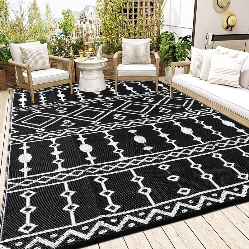 Garvee Outdoor Black & White 9x12 Waterproof Rug Plastic Straw, UV & Fade Resistant, Durable Heat-Treated Edges, Breathable Q...