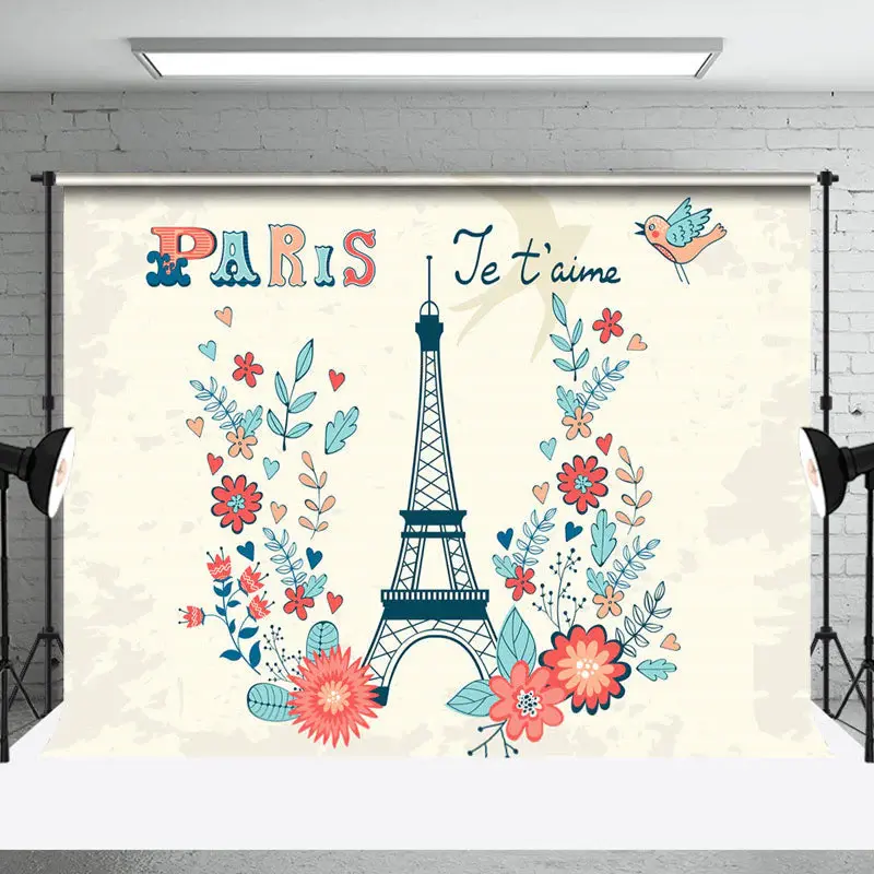 Paris Je T Aime Floral Bird Eiffel Tower Backdrop