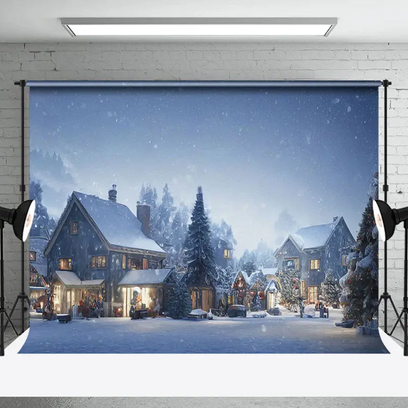 Aperturee Snowy Rural Town Night Festive Christmas Backdrop - Aperturee