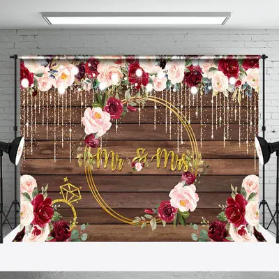Red Pink Floral Wooden Wall Wedding Party Backdrop - Aperturee