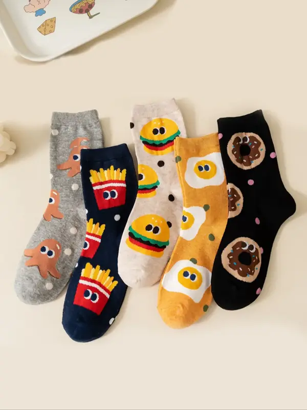 5 Pairs Mixed Color Kids Socks Cartoon Cute Burger French Fries Pattern, Boys Girls Youth Mid-Calf Casual Daily Wear