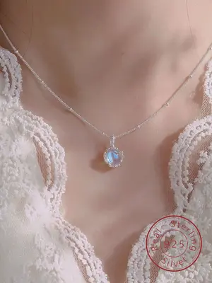 S925 Sterling Silver Moonstone Decor Pendant Necklace for Women, Elegant All-match Jewelry for Girls Gift, Female Classic Fas...