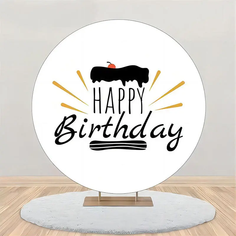 Cake Cherry White Simple Round Birthday Backdrop - Aperturee