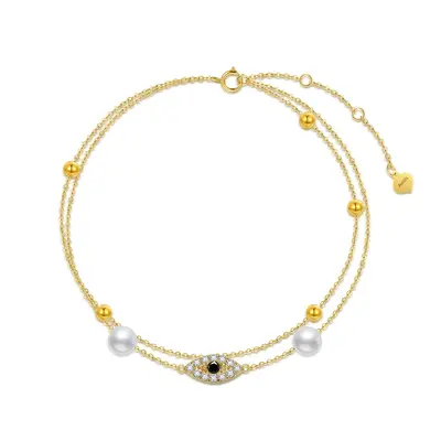 14K Gold Pearl Devil's Eye Multi-layered Anklet