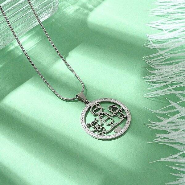 304 Stainless Steel Crystal Rhinestone Ring with Family Pendant Necklaces for Mother's Day Gift