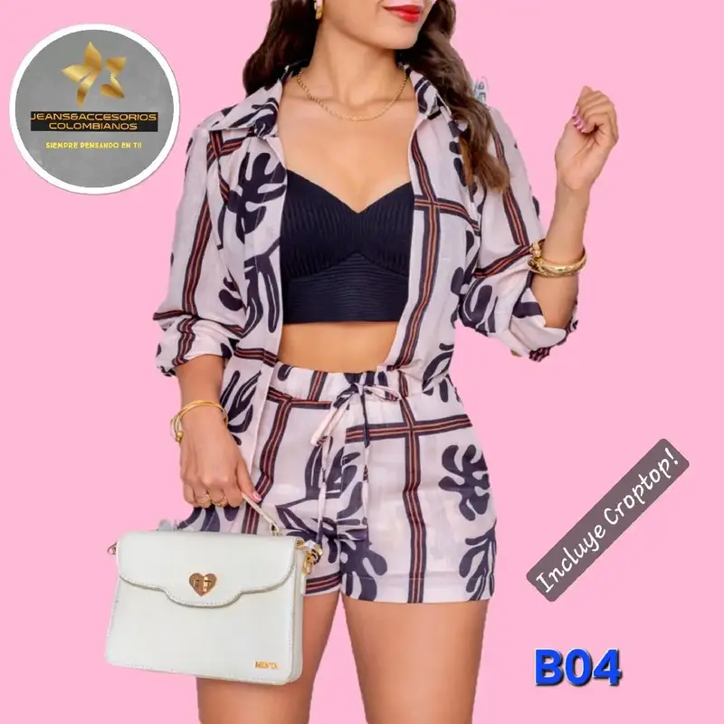 Colombian Fashion Set Long Sleeve Printed Design Blouse and Short for Women