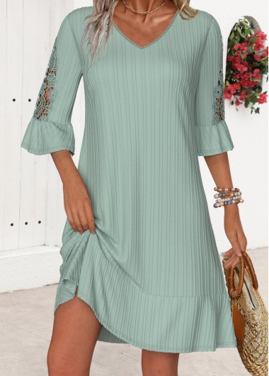 Modlily Sage Green Embroidery A Line Half Sleeve Dress - XXL
