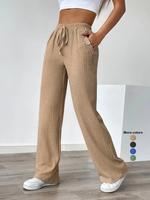 Women's Basic Solid Drawstring Waist Straight Leg Pants, Regular Fit Casual Textured Pocket Trousers for Summer, Ladies Bott...