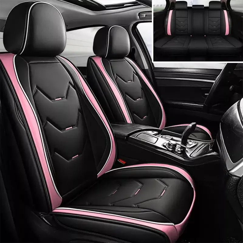 OTOEZ Fashion Pink Leather Universal Women Car Seat Covers 5 Seats Full Set Cushion Protector A Gift For Mom Sister Girlfrien...