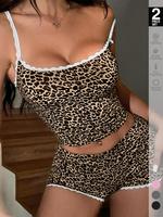 Women's Leopard Print Contrast Lace Trim Cami Top & Shorts PJ Set, Casual Comfy Pyjama Two-piece Set for Women, Women's Sleep...