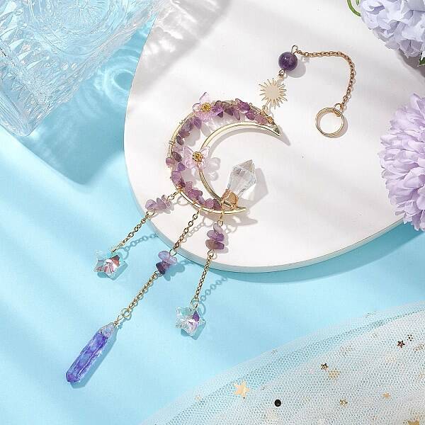 Wire Wrapped Natural Amethyst Chips Moon Hanging Ornaments