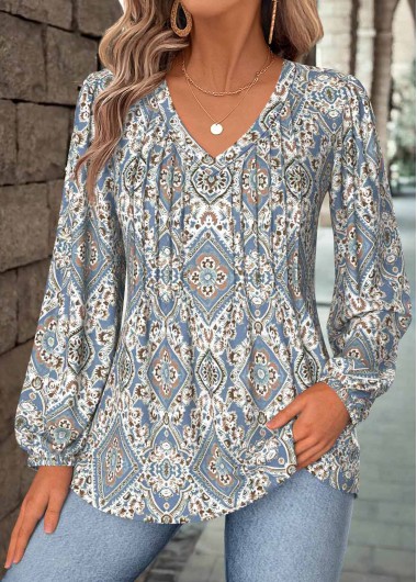 Modlily Dusty Blue Tummy Coverage Tribal Print Long Sleeve Blouse - XXL