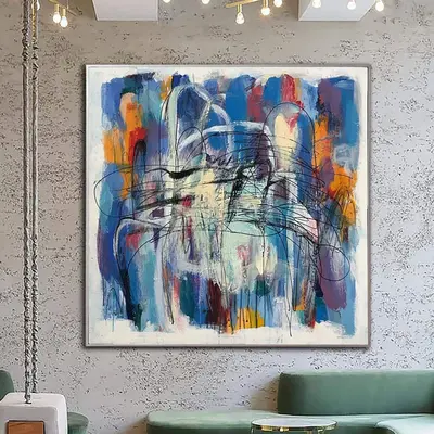Abstract Colorful Painting On Canvas In Blue, Orange And White Colors Textured Painting Modern Fine Art Oil Handmade Artwork ...