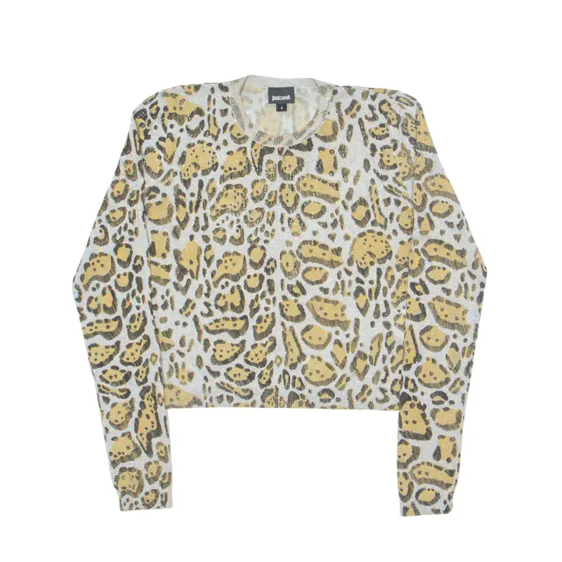 JUST CAVALLI Lightweight Patterned Jumper Cream Animal Print Tight Knit Womens S