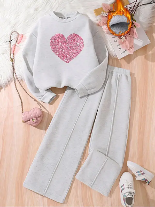 Two-Piece Set Girl's Heart Print Sweatshirt & Sweatpants Set, Casual Long Sleeve Pullover Top & Pants for Fall & Winter, Kids...
