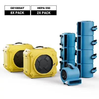 AlorAir Air Solution Combo Pack, 8 X GE1000AT Air Mover, 2 X HEPA 550 Air Scrubber - Green