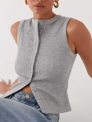 Women's Plain Button Front Ribbed Tank Top, Casual Elegant Sleeveless Round Neck Top for Daily Wear, Ladies Clothes for All S...