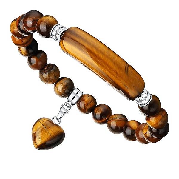 Natural Tiger Eye Curved Rectangle Stretch Braclets with Heart Charm