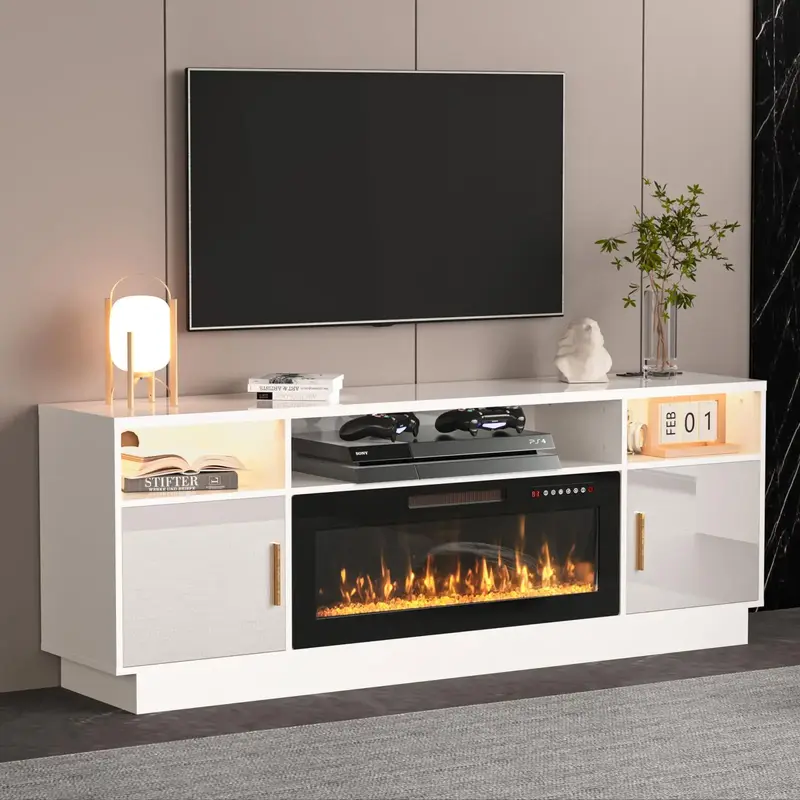 【2 Packages Shipping】70 Fireplace TV Stand for TVs Up to 80 with 36 Electric Fireplace Heater，Media TV Console wi...