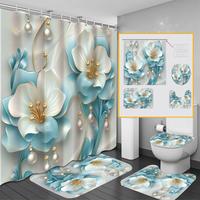 Floral Pattern Bathroom Decor Set, 1 Set Including Shower Curtain & Toilet U-shape Mat & Toilet Lid Cover & Bath Mat, Bathroo...