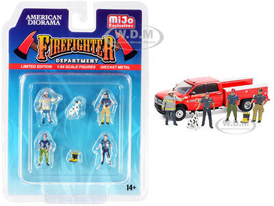 Firefighter II 6 piece Diecast Set (4 Figurines, 1 Dog and 1 Accessory) for 1/64 Scale Models by American Diorama