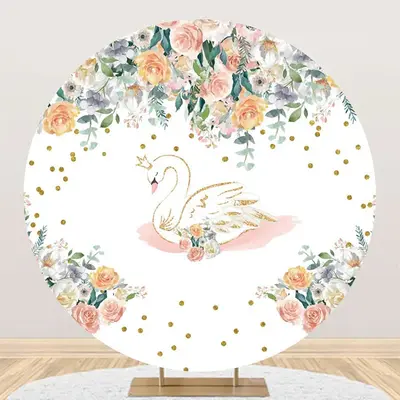 White Gold Floral Swan Round Backdrop For Birthday - Aperturee