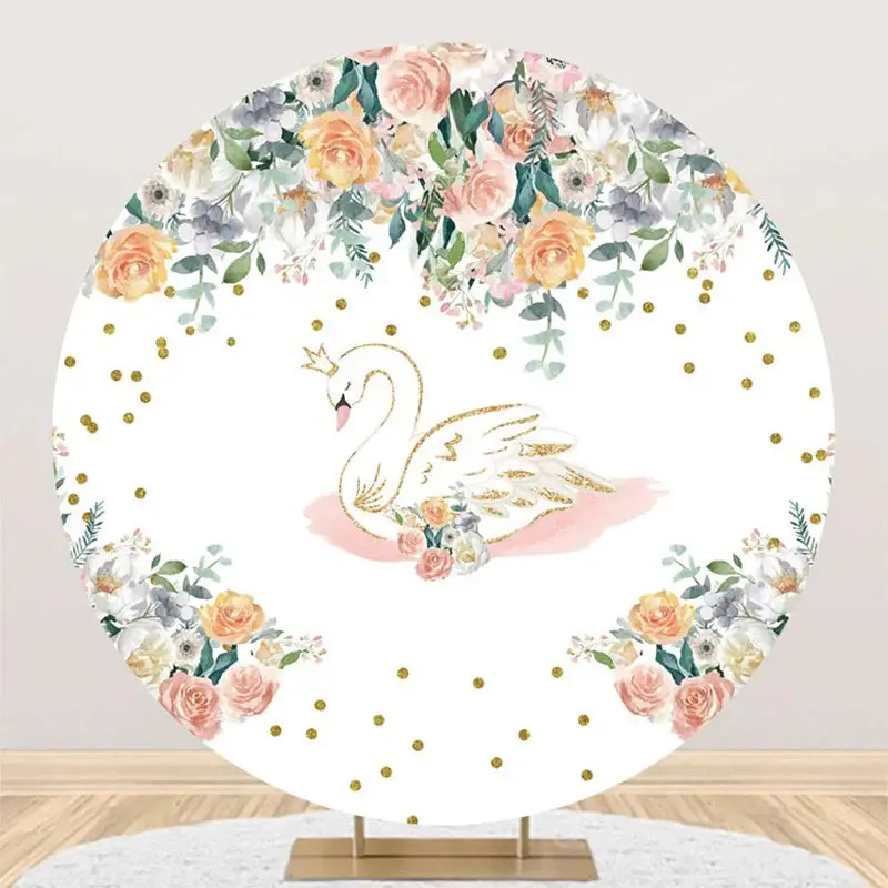 White Gold Floral Swan Round Backdrop For Birthday - Aperturee