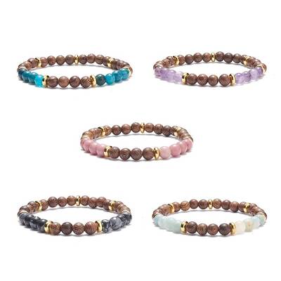 Natural Wenge Wood & Gemstone Round Beaded Stretch Bracelet for Women