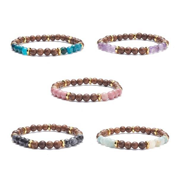 Natural Wenge Wood & Gemstone Round Beaded Stretch Bracelet for Women