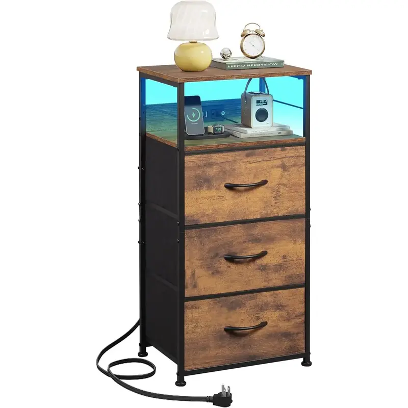 WLIVE Nightstand with Charging Station and LED Lights, 3 Drawer Dressers, Tall Night Stand, Bed Side Table for Bedroom,Rustic...