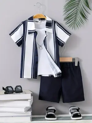Two-piece Set Boy's Striped Print Short Sleeve Shirt & Shorts Set, Casual Summer Outfits Clothes for Kids, Kids Clothing for ...