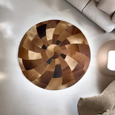 Cowhide Patchwork Round Rug, Flower, Spiral, Compass, Star, Moon, Buffalo and Horn Shape Round Rugs