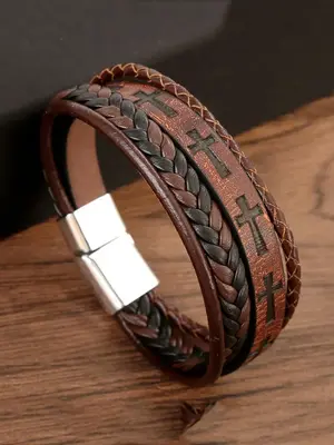 Men's Vintage Cross Design Braided Leather Bracelet, Street Style Party Jewelry Accessories, Daily Clothing Decor, Birthday H...