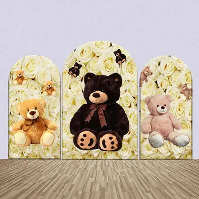 Teddy Bears White Floral Wall Arch Backdrop Kit - Aperturee