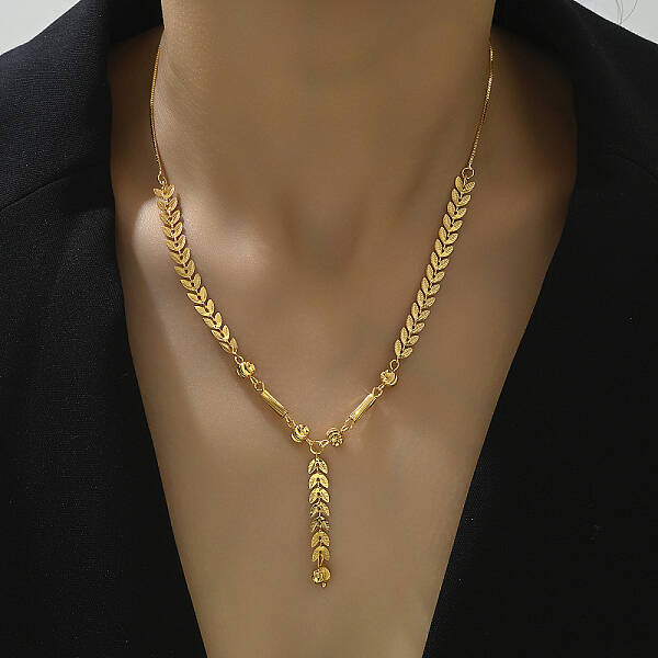 Fashionable Brass Leaf Tassel Pendant Necklace for Women Lock Bone Chain