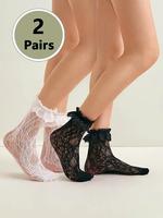 Women's 2 Pairs Contrast Lace Hollow Out Sheer Crew Socks, Fashion Casual Comfy Breathable Ruffle Trim Socks for Daily Outdoo...