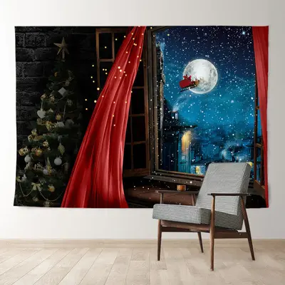 Aperturee Red Curtain Santa Sled Moon Eve Christmas Backdrop