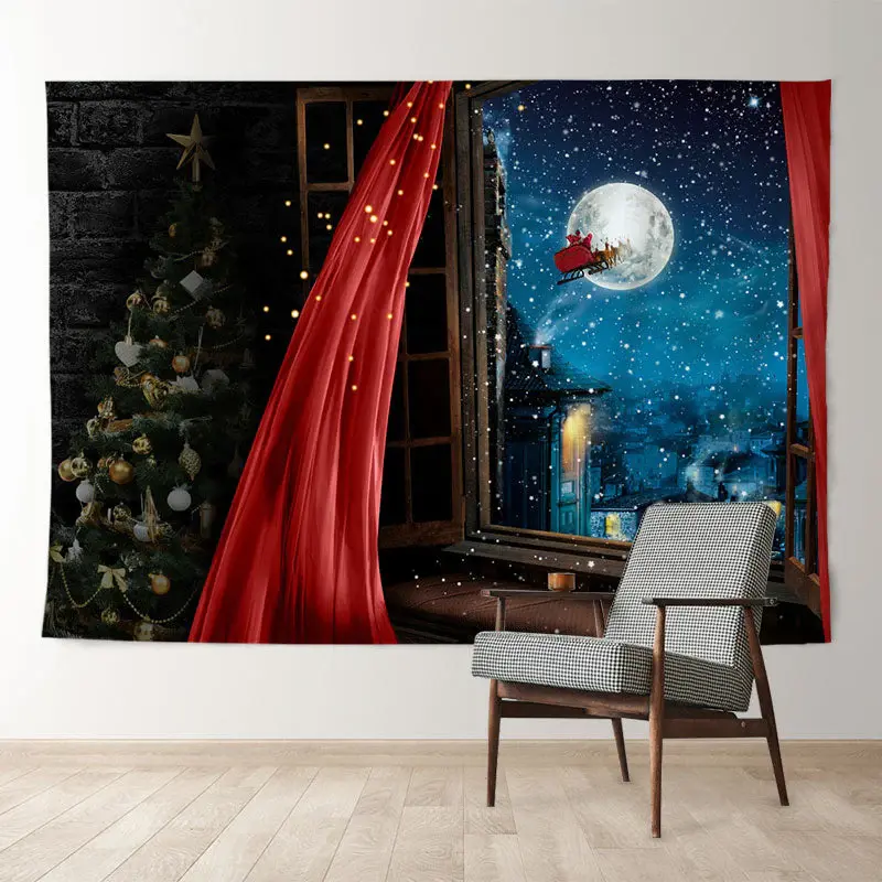 Aperturee Red Curtain Santa Sled Moon Eve Christmas Backdrop