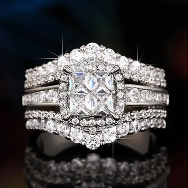 JJ CHIC Square Five-in-One Ring for Women, S925 Sterling Silver Micro Pave CZ Stones Halo Design - Perfect Gift for Girlfrien...