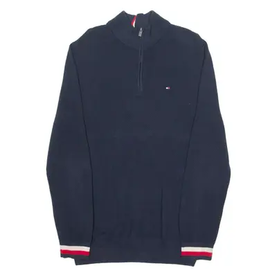 TOMMY HILFIGER Mens Jumper Blue 1/4 Zip Waffle Knit XL