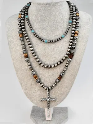 Vintage Turquoise Texture Cross Design Pendant Necklace, Unisex Boho Style Beaded Necklace, Statement Necklace, Jewelry for W...