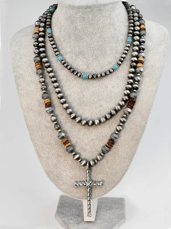 Vintage Turquoise Texture Cross Design Pendant Necklace, Unisex Boho Style Beaded Necklace, Statement Necklace, Jewelry for W...