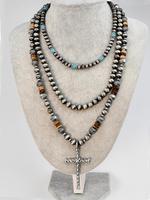 Vintage Turquoise Texture Cross Design Pendant Necklace, Unisex Boho Style Beaded Necklace, Statement Necklace, Jewelry for W...
