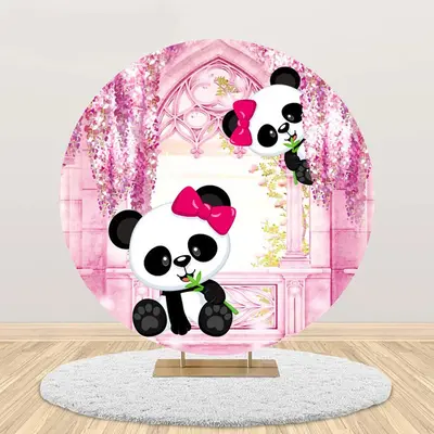 Pink Room Floral Panda Round Birthday Party Backdrop - Aperturee