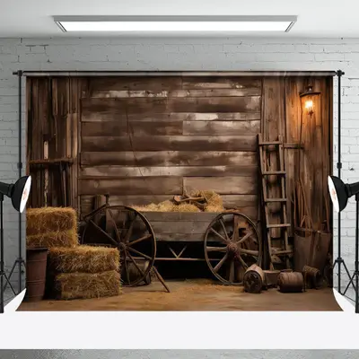Retro Brown Wooden Cart Interior Barn Photo Backdrop - Aperturee