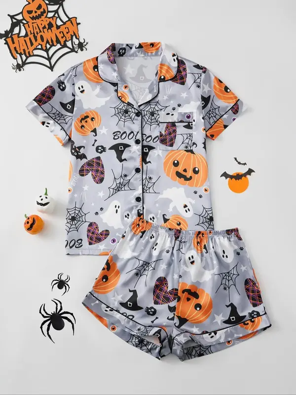 Women's Halloween Cartoon Ghost Print Pocket Shirt & Pumpkin Print Shorts Satin Pyjama Two-piece Set, Casual Comfy Skull Prin...